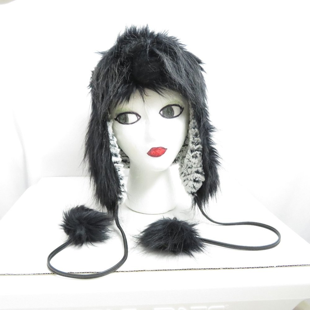 Adrienne Landau Fake Fur White Black Animal Print Tassel Hat
